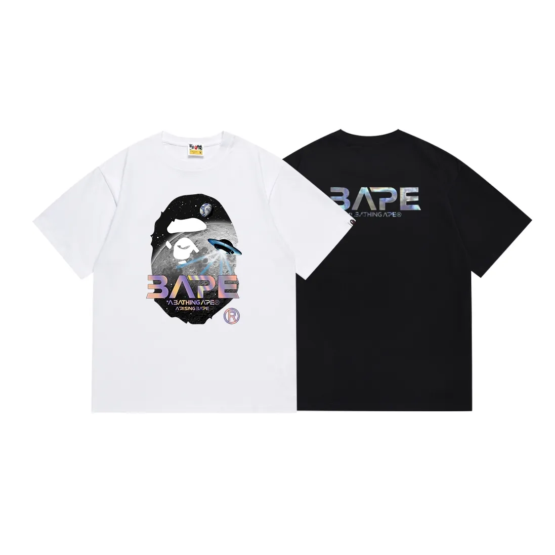 SC158#p110💰 (Top version) BAPE Mid-Autumn Moon Scenery Ape Head UFO laser letter printed short-sleeved T-shirt Made of 260 grams of high-quality high-weave pure cotton fabric, double yarn combed, soft texture and no pilling Imported environmentally friendly printing glue The pattern is bright and three-dimensional Quality💥Same style for men and women The upper body is trendy Color: Black White Size: S M L XL XXL