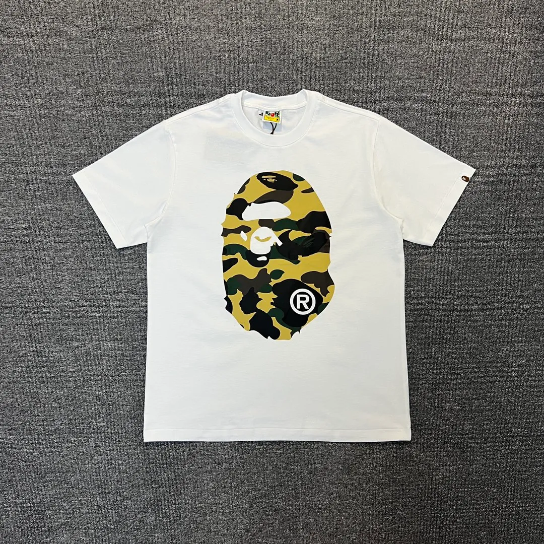 💰140 BAPE double-sided camouflage ape head print classic camouflage reproduction ZP version 270g weight linen cotton fabric Couple style: S-XXL [white green black green white yellow black yellow]