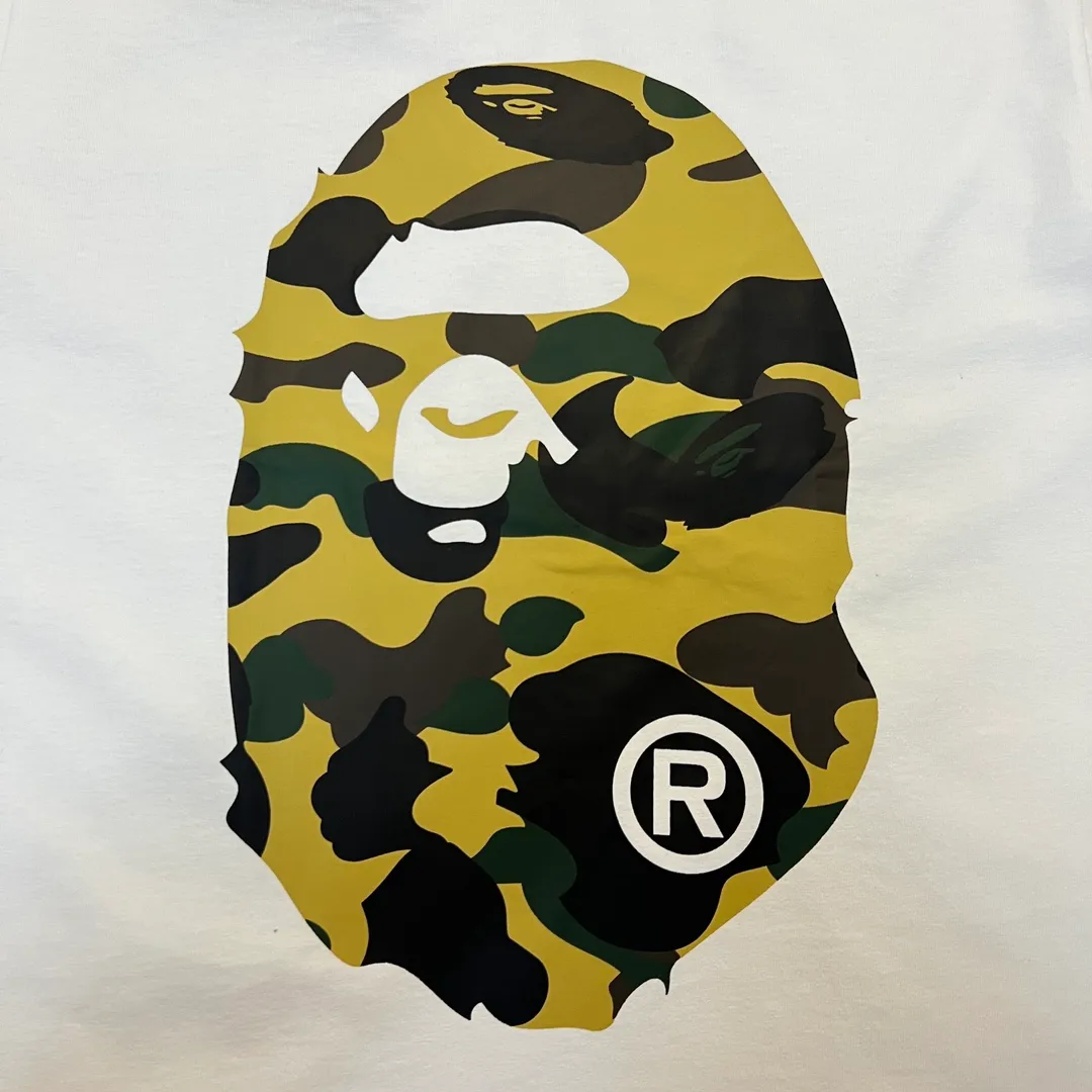 💰140 BAPE double-sided camouflage ape head print classic camouflage reproduction ZP version 270g weight linen cotton fabric Couple style: S-XXL [white green black green white yellow black yellow]
