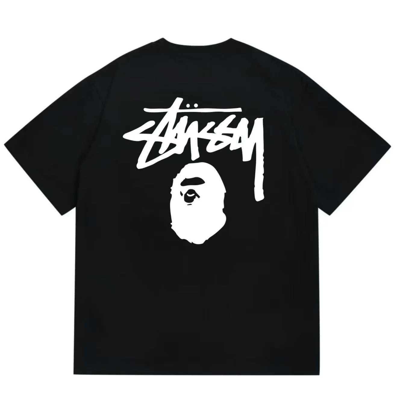 P110 001186 bape stussy co-branded printed short-sleeved T-shirt, same style for men and women, size smlxlxxl, black and white