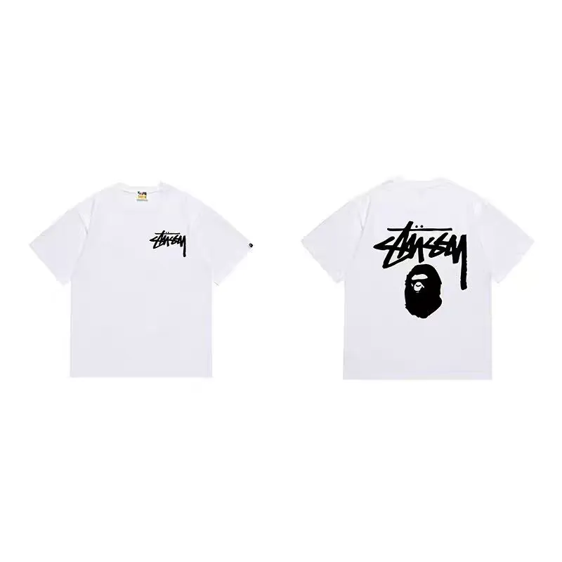 P110 001186 bape stussy co-branded printed short-sleeved T-shirt, same style for men and women, size smlxlxxl, black and white