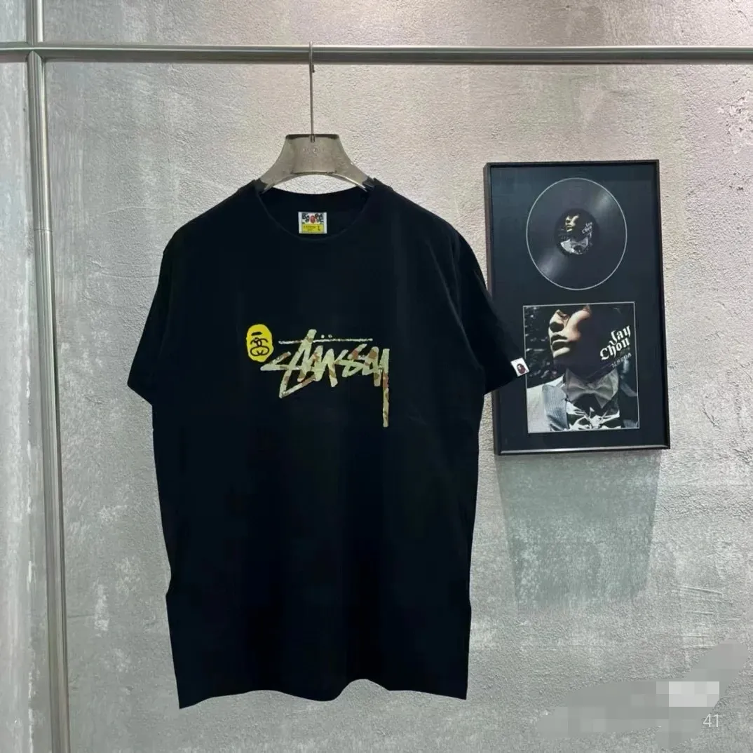 P110 00177 bape shark mouth stussy co-branded short-sleeved T-shirt, same style for men and women, size smlxlxxl, black