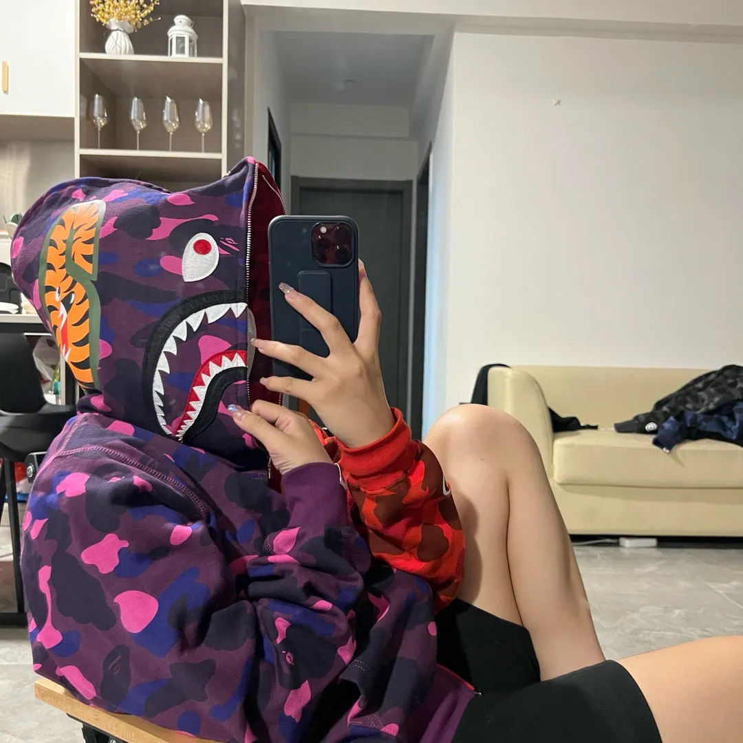 💰420 Bape City Camo Half SharkFull Zip Hoodie Shark stitching zipper hooded sweatshirt Heavy double zipper Customized fabric high quality Couple style: S—XXL [Blue Gray Purple Red]