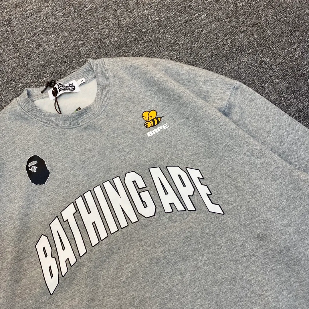 💰250 BAPE Letter Bee Contrast Print Customized Fabric 380g Pure Cotton Round Neck Sweatshirt Couple Style: S—XXL [Black Gray]