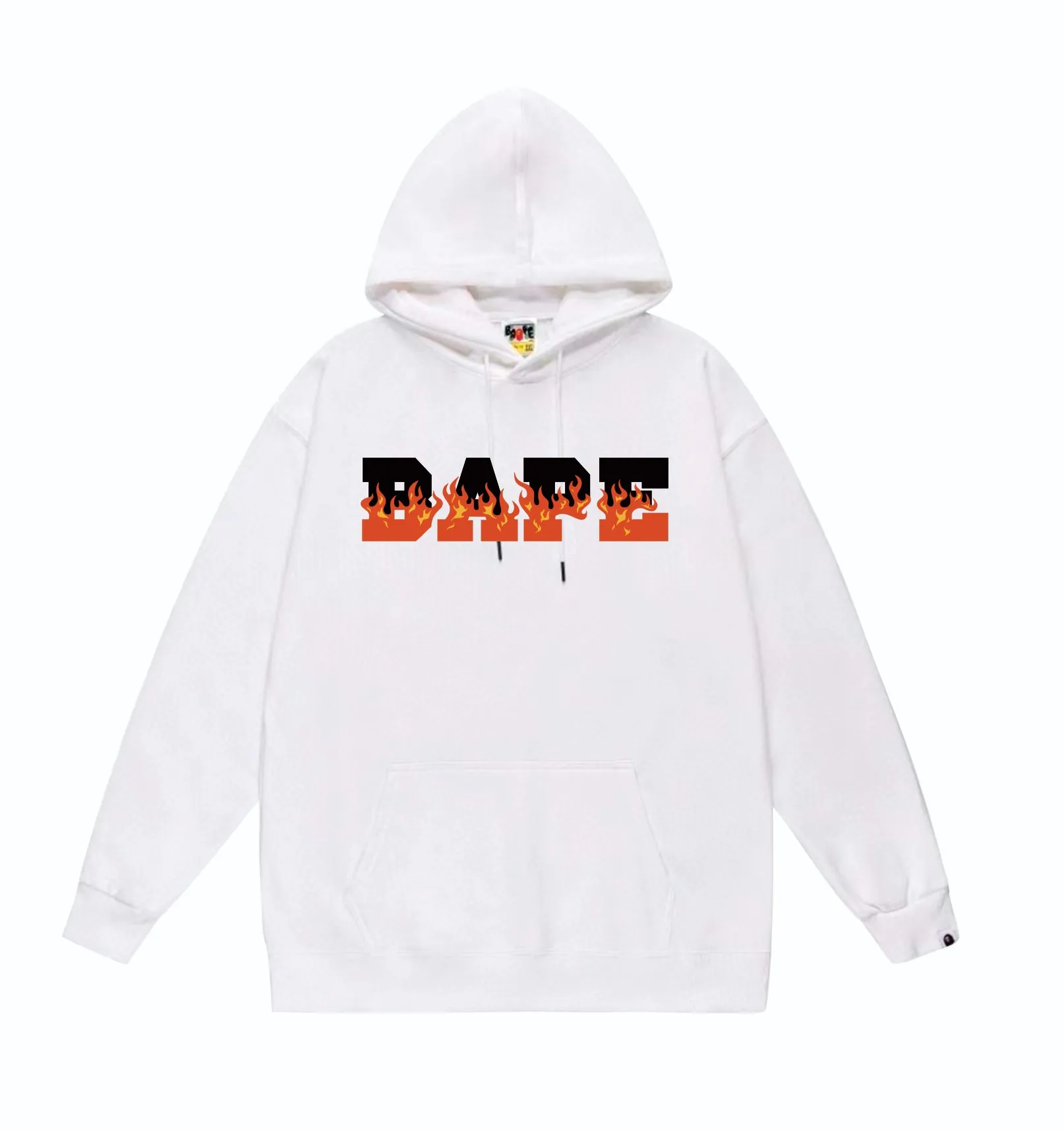 P160 model number SC837# terry 80 plus velvet 90 (top version) BAPE flame letter print pattern hooded sweatshirt. Made of 380 grams of large terry (drop shoulder large version) fabric. The texture is soft and non-pilling. Imported environmentally friendly printing glue. The pattern is bright and three-dimensional. Quality 💥Same style for men and women. The upper body is trendy. Color: black white gray Size: S M L XL XXL