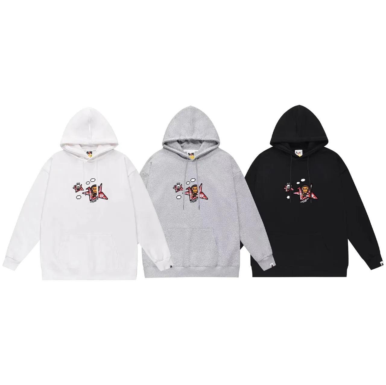 P160 model number SC793# terry 80 plus velvet 90 (top version) BAPE×BABY MILO 22 letter monkey pattern printed hooded sweatshirt Made of 380g large terry (drop shoulder large version) fabric, soft texture and no pilling Imported environmentally friendly printing glue The pattern is bright and three-dimensional Quality 💥Same style for men and women The upper body is trendy Color: black white gray Size: S M L XL XXL