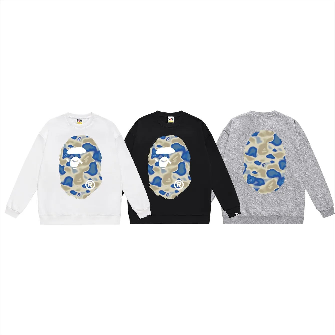 P150 model number SC474# terry 75 plus velvet 80 (top version) BAPE LIQUID CAMO BIG APE big ape head round neck sweatshirt Made of 350 grams of large terry (drop shoulder large version) fabric, soft texture and no pilling Imported environmentally friendly printing glue The pattern is bright and three-dimensional Quality 💥Same style for men and women The upper body is trendy Color: black and blue white blue gray blue Size: S M L XL XXL