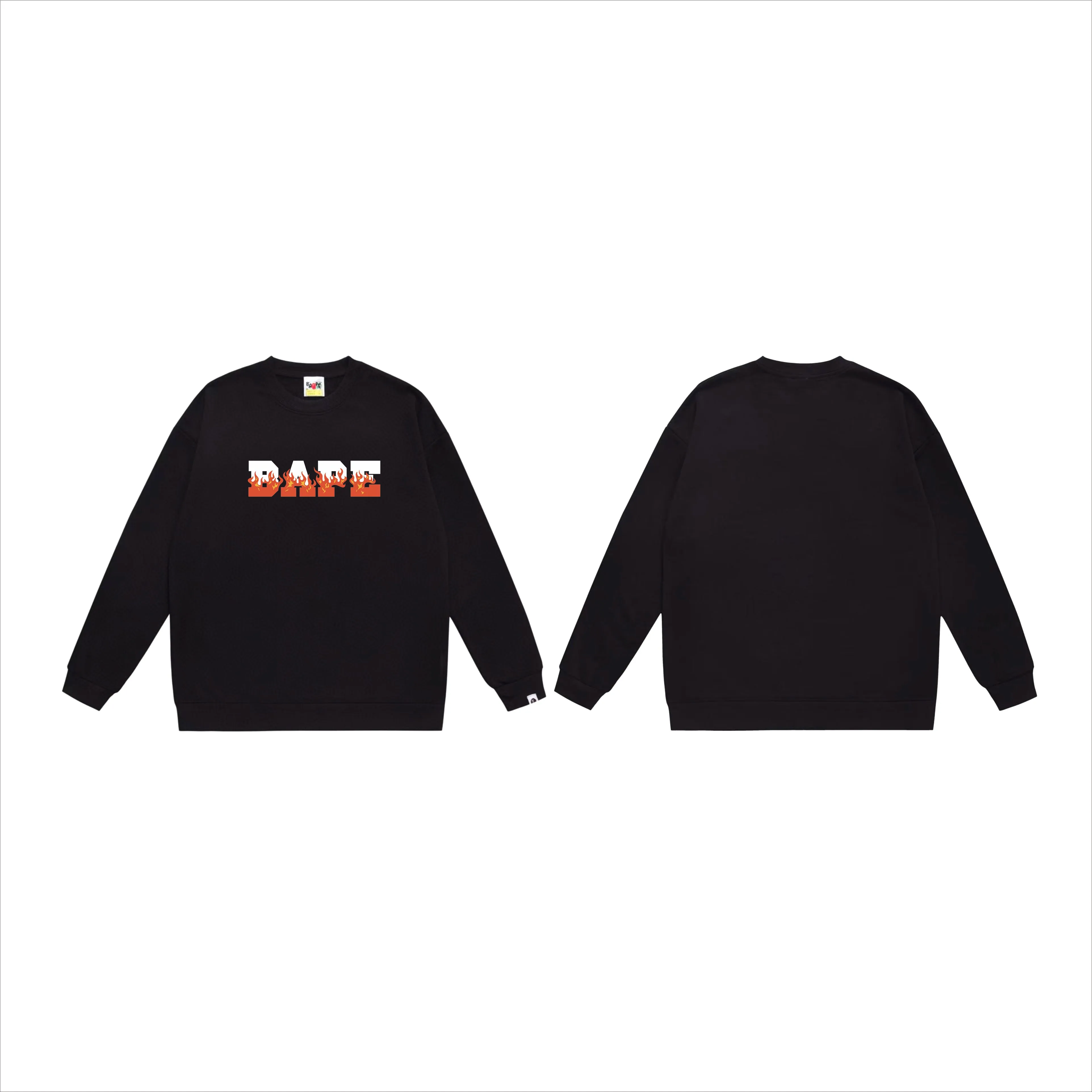 P150 model number SC537# terry 75 plus velvet 80 (top version) BAPE flame letter printed round neck sweatshirt Made of 350g large terry (drop shoulder large version) fabric, soft texture and no pilling Imported environmentally friendly printing glue, bright and three-dimensional pattern, quality 💥Same style for men and women, the upper body is fashionable Color: black white gray Size: S M L XL XXL