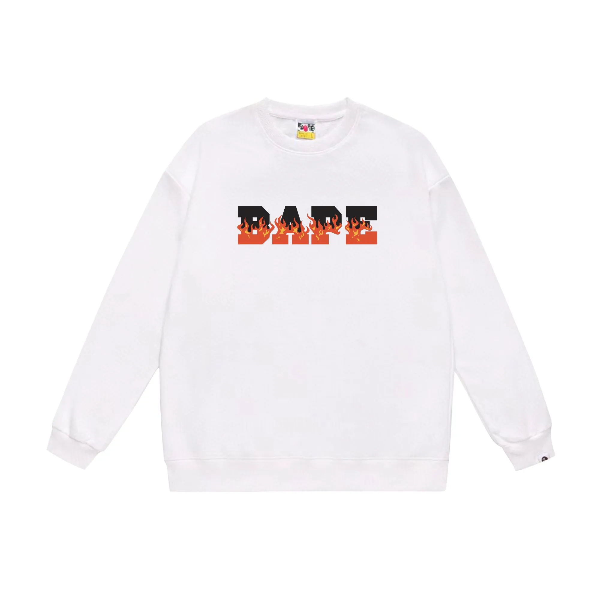 P150 model number SC537# terry 75 plus velvet 80 (top version) BAPE flame letter printed round neck sweatshirt Made of 350g large terry (drop shoulder large version) fabric, soft texture and no pilling Imported environmentally friendly printing glue, bright and three-dimensional pattern, quality 💥Same style for men and women, the upper body is fashionable Color: black white gray Size: S M L XL XXL