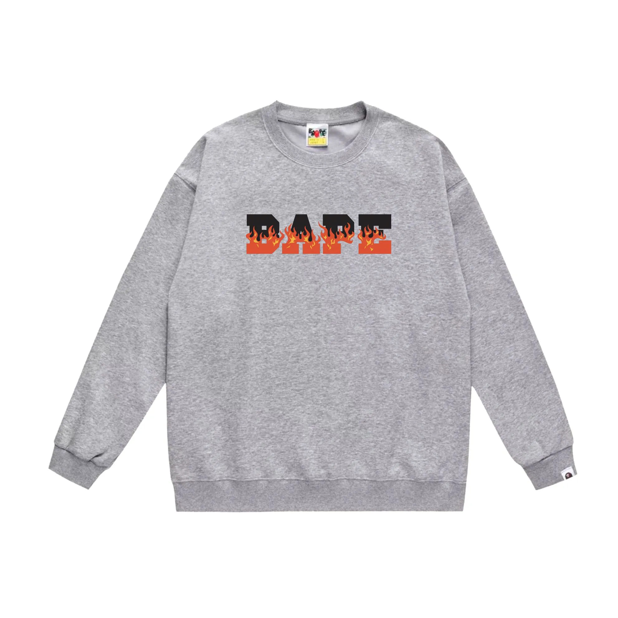 P150 model number SC537# terry 75 plus velvet 80 (top version) BAPE flame letter printed round neck sweatshirt Made of 350g large terry (drop shoulder large version) fabric, soft texture and no pilling Imported environmentally friendly printing glue, bright and three-dimensional pattern, quality 💥Same style for men and women, the upper body is fashionable Color: black white gray Size: S M L XL XXL