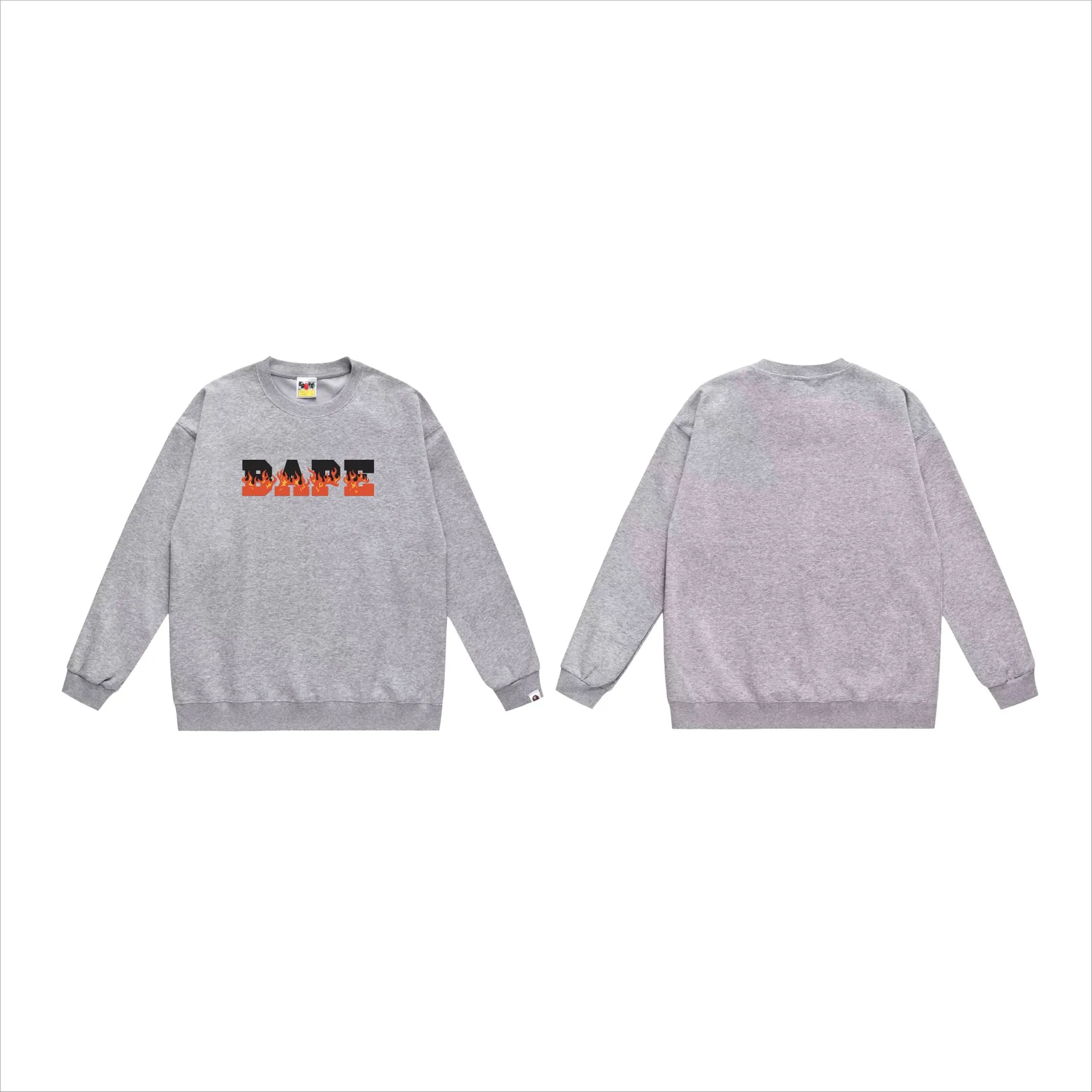 P150 model number SC537# terry 75 plus velvet 80 (top version) BAPE flame letter printed round neck sweatshirt Made of 350g large terry (drop shoulder large version) fabric, soft texture and no pilling Imported environmentally friendly printing glue, bright and three-dimensional pattern, quality 💥Same style for men and women, the upper body is fashionable Color: black white gray Size: S M L XL XXL
