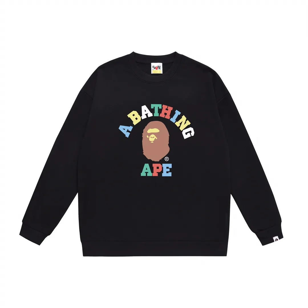 P170 model number SC313# terry 80 plus velvet 85 (top version) BAPE ape-man head colorful letter printed round neck sweatshirt Made of 350 grams of large terry (drop shoulder large version) fabric, soft texture and no pilling Imported environmentally friendly printing glue The pattern is bright and three-dimensional Quality 💥Same style for men and women The upper body is trendy Color: black white gray Size: S M L XL XXL