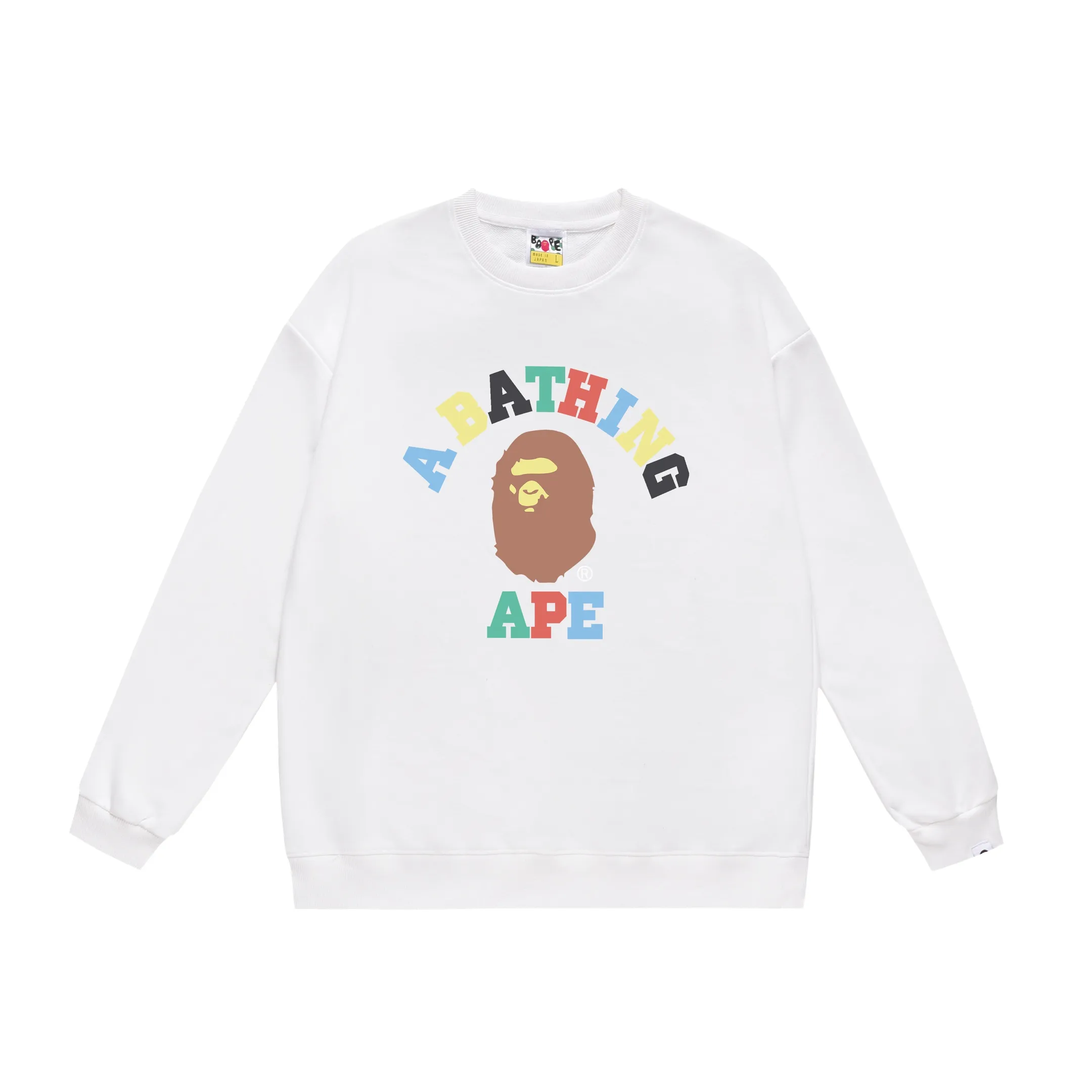 P170 model number SC313# terry 80 plus velvet 85 (top version) BAPE ape-man head colorful letter printed round neck sweatshirt Made of 350 grams of large terry (drop shoulder large version) fabric, soft texture and no pilling Imported environmentally friendly printing glue The pattern is bright and three-dimensional Quality 💥Same style for men and women The upper body is trendy Color: black white gray Size: S M L XL XXL