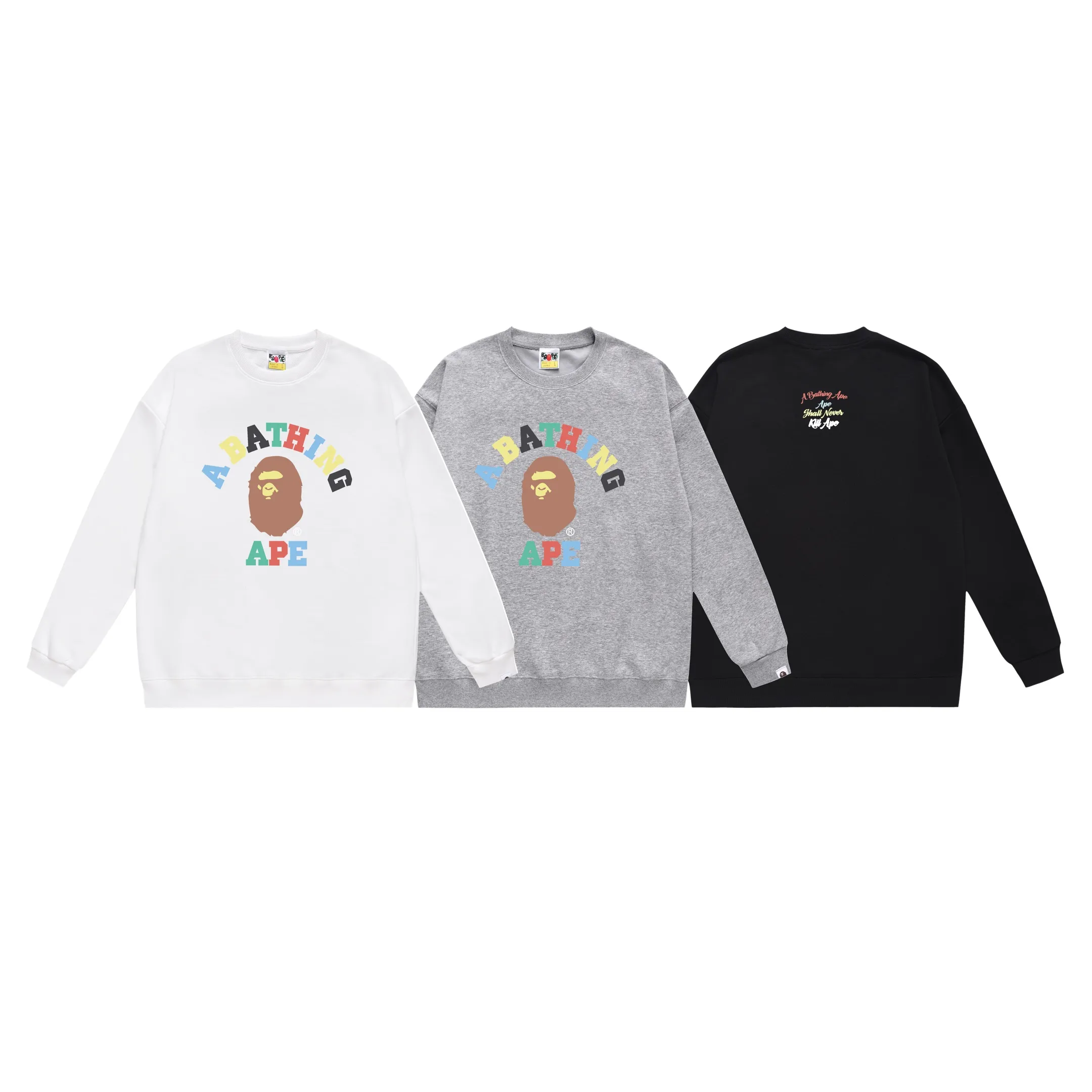 P170 model number SC313# terry 80 plus velvet 85 (top version) BAPE ape-man head colorful letter printed round neck sweatshirt Made of 350 grams of large terry (drop shoulder large version) fabric, soft texture and no pilling Imported environmentally friendly printing glue The pattern is bright and three-dimensional Quality 💥Same style for men and women The upper body is trendy Color: black white gray Size: S M L XL XXL