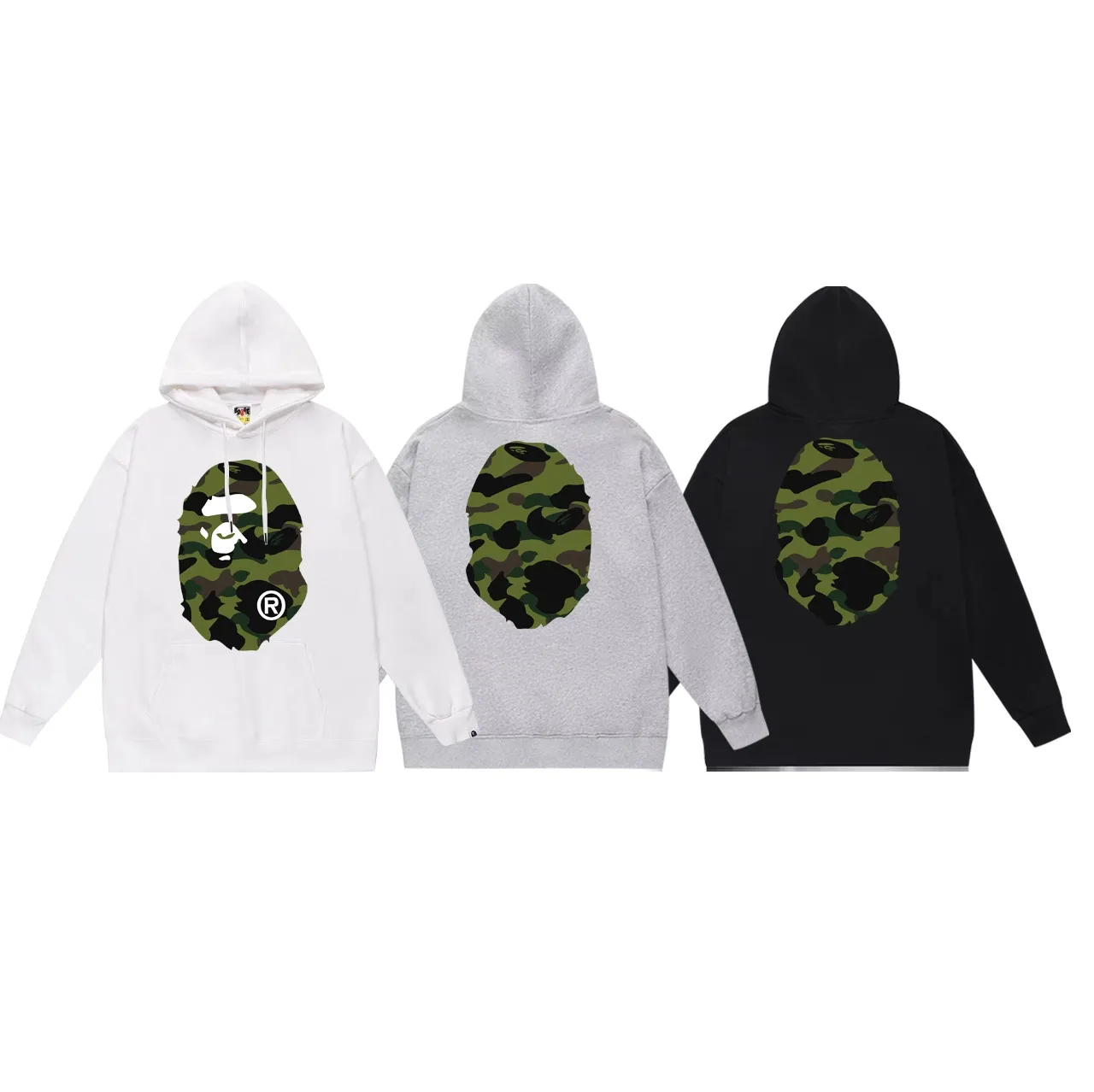 Model No. SC660#terry p160 plus velvet p180💰 (top version) BAPE double-sided camouflage ape head print hooded sweatshirt. Made of 380g large terry 430g silver fox velvet (drop shoulder large version) fabric. The texture is soft and non-pilling. Imported environmentally friendly printing glue. The pattern is bright and three-dimensional. Quality💥Same style for men and women. The upper body is trendy. Color: black camouflage, white camouflage, gray camouflage Size: S M L XL XXL