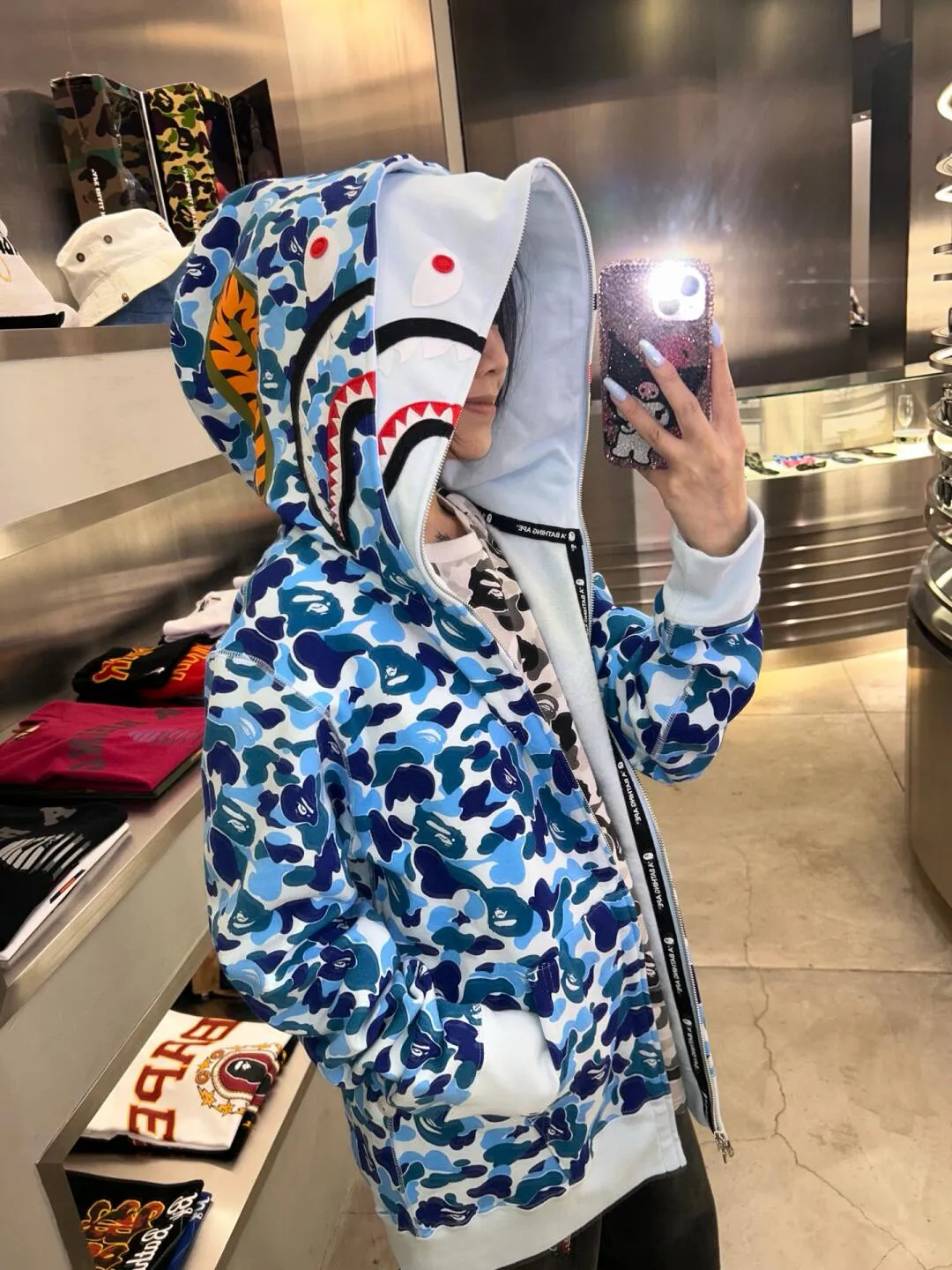 💰440 Bape Abc Double Hat Large Flower Camouflage Shark Customized fabric 1:1 Fine workmanship High version Couple model: S—XXL [Green Pink Blue]