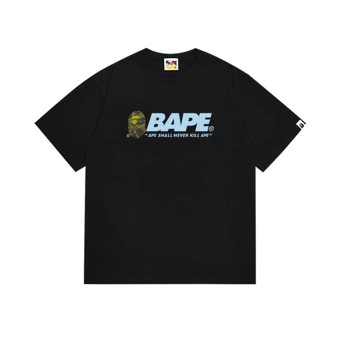 P110 SC070# (top version) BAPE SUMMER CAMP letter green camouflage ape head printed short-sleeved T-shirt. Made of 260 grams of high-quality high-weave pure cotton fabric. Double yarn combed. The texture is soft and non-pilling. Imported environmentally friendly printing glue. The pattern is bright and three-dimensional. Quality💥Same style for men and women. The upper body is trendy. Color: black and white. Size: S M L XL XXL