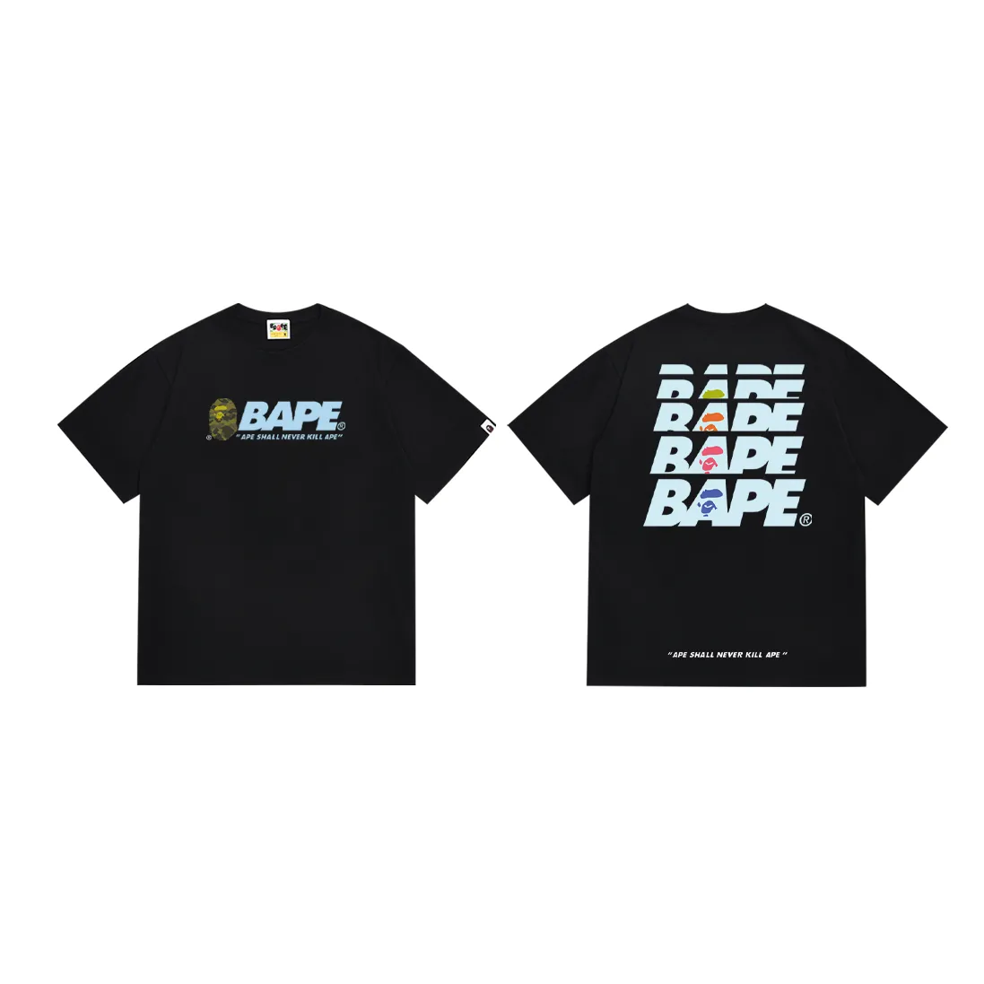 P110 SC070# (top version) BAPE SUMMER CAMP letter green camouflage ape head printed short-sleeved T-shirt. Made of 260 grams of high-quality high-weave pure cotton fabric. Double yarn combed. The texture is soft and non-pilling. Imported environmentally friendly printing glue. The pattern is bright and three-dimensional. Quality💥Same style for men and women. The upper body is trendy. Color: black and white. Size: S M L XL XXL