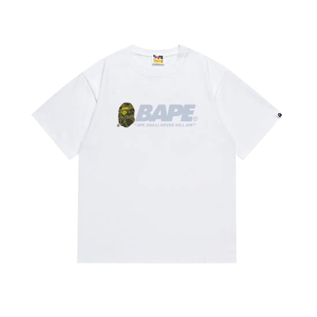 P110 SC070# (top version) BAPE SUMMER CAMP letter green camouflage ape head printed short-sleeved T-shirt. Made of 260 grams of high-quality high-weave pure cotton fabric. Double yarn combed. The texture is soft and non-pilling. Imported environmentally friendly printing glue. The pattern is bright and three-dimensional. Quality💥Same style for men and women. The upper body is trendy. Color: black and white. Size: S M L XL XXL