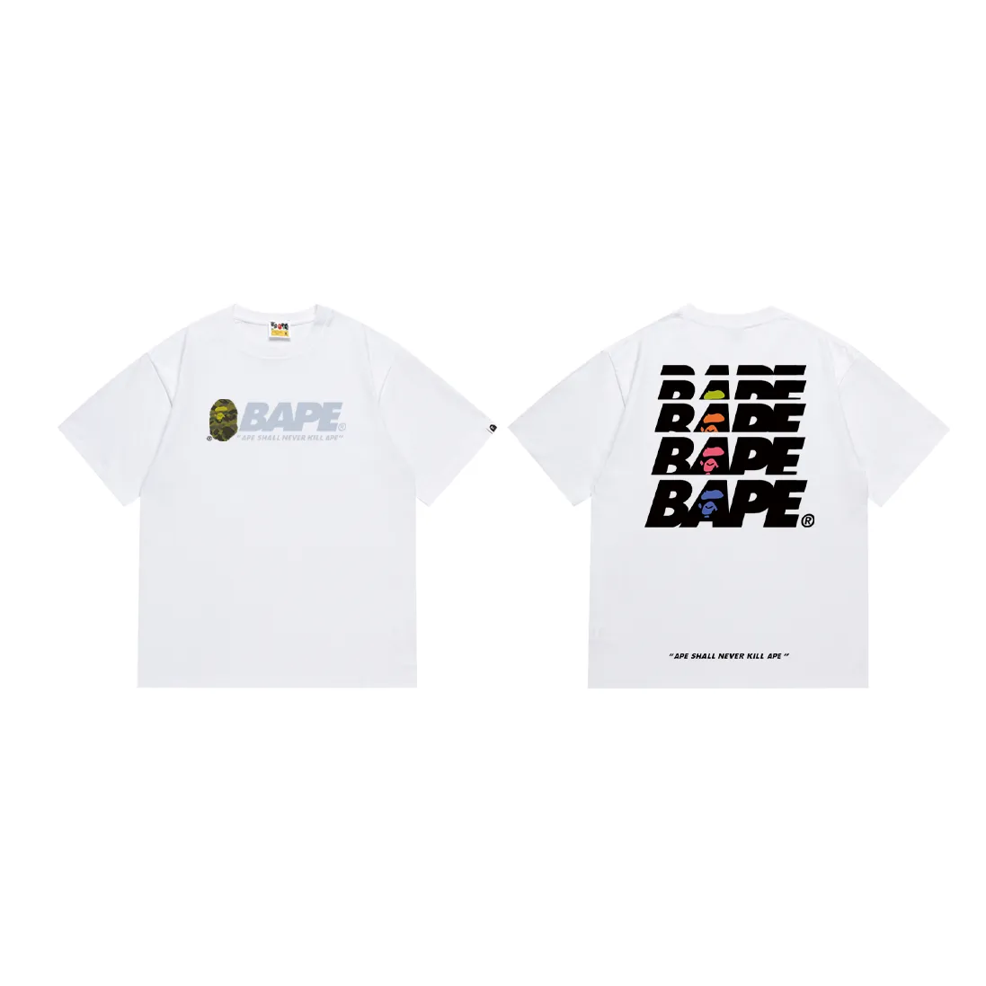 P110 SC070# (top version) BAPE SUMMER CAMP letter green camouflage ape head printed short-sleeved T-shirt. Made of 260 grams of high-quality high-weave pure cotton fabric. Double yarn combed. The texture is soft and non-pilling. Imported environmentally friendly printing glue. The pattern is bright and three-dimensional. Quality💥Same style for men and women. The upper body is trendy. Color: black and white. Size: S M L XL XXL