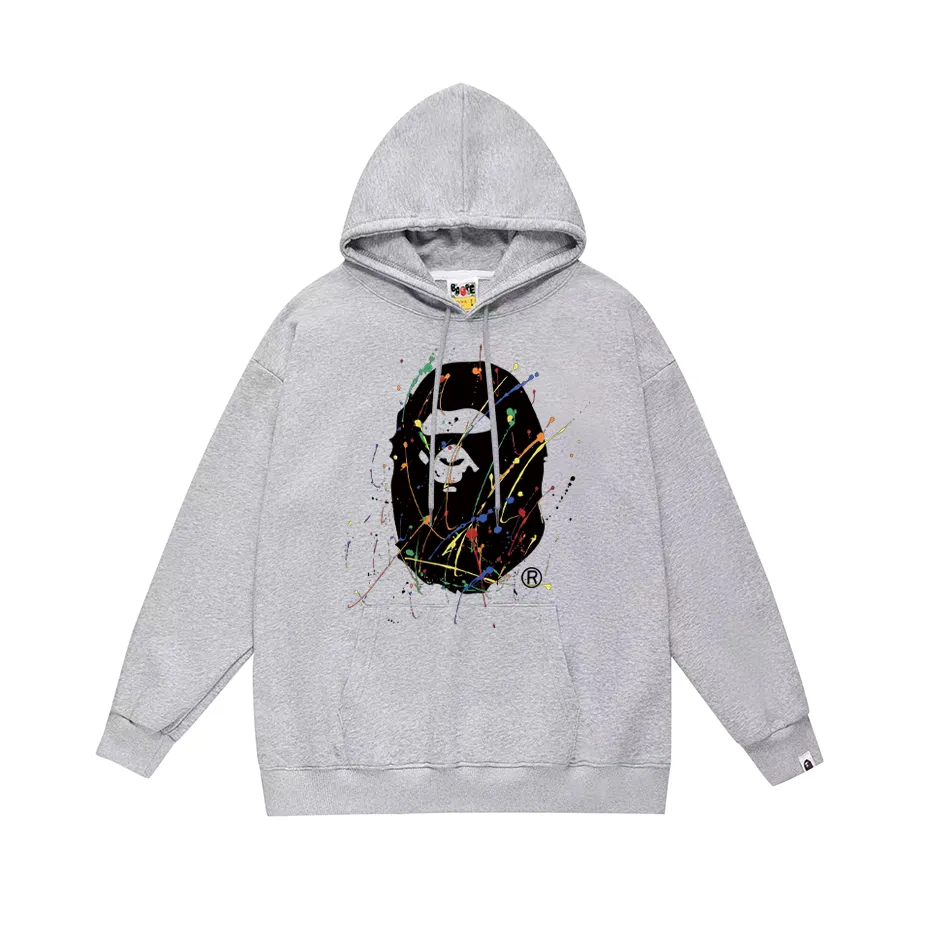 P190 model number SC604# terry 85 plus velvet 95 (top version) BAPE ape-man head splash-ink paint graffiti printed hooded sweatshirt. Made of 380g large terry (drop shoulder large version) fabric. The texture is soft and non-pilling. Imported environmentally friendly printing glue. The pattern is bright and three-dimensional. Quality 💥Same style for men and women. The upper body is trendy. Color: black white gray Size: S M L XL XXL