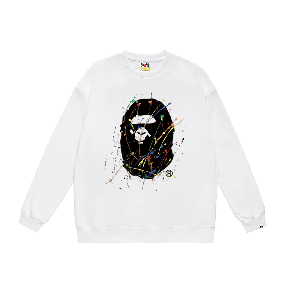 P170 model number SC304# terry 80 plus velvet 85 (top version) BAPE ape man head splash paint graffiti printed round neck sweatshirt Made of 350g large terry (drop shoulder large version) fabric, soft and non-pilling, imported environmentally friendly printing glue, bright and three-dimensional pattern, quality 💥Same style for men and women, the upper body is fashionable Color: black white gray Size: S M L XL XXL