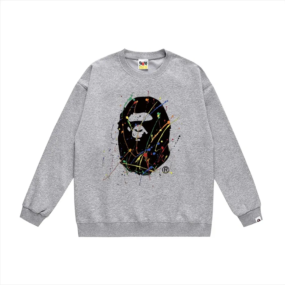 P170 model number SC304# terry 80 plus velvet 85 (top version) BAPE ape man head splash paint graffiti printed round neck sweatshirt Made of 350g large terry (drop shoulder large version) fabric, soft and non-pilling, imported environmentally friendly printing glue, bright and three-dimensional pattern, quality 💥Same style for men and women, the upper body is fashionable Color: black white gray Size: S M L XL XXL