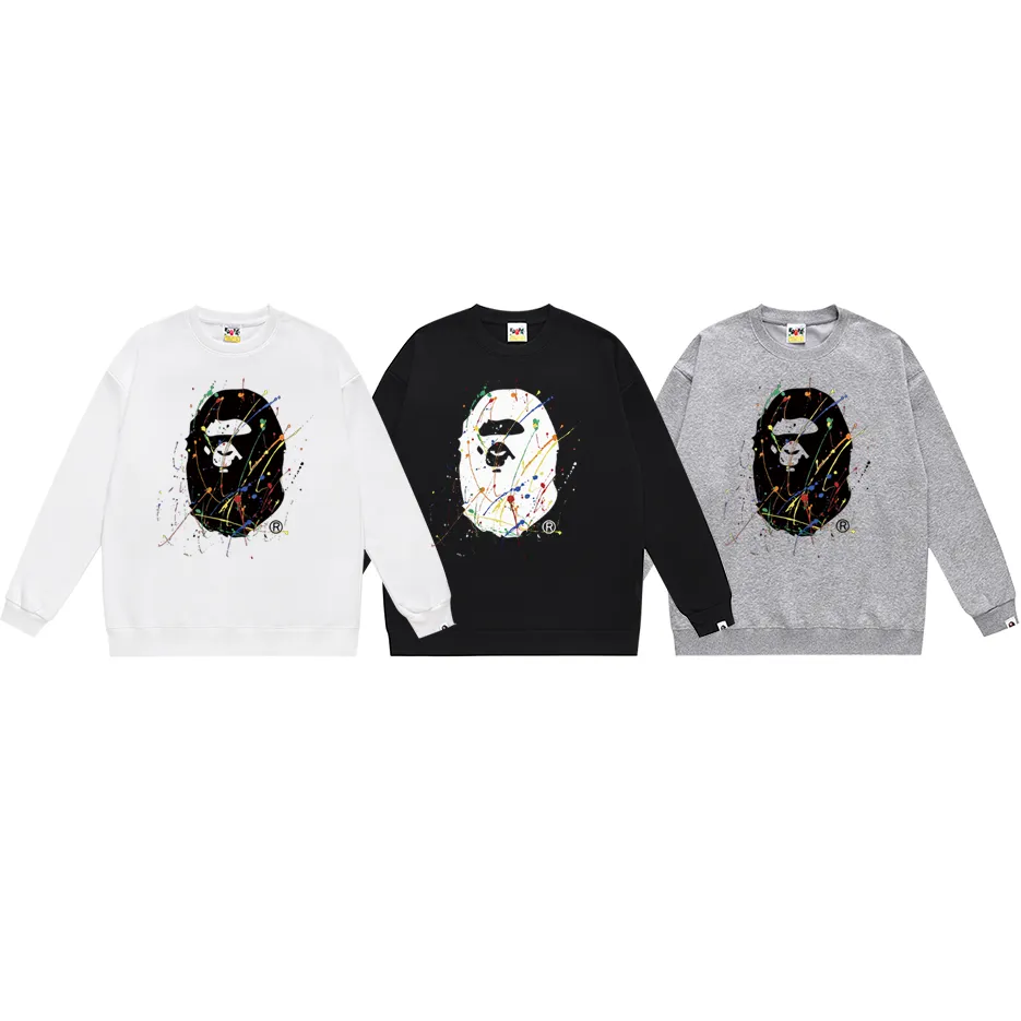 P170 model number SC304# terry 80 plus velvet 85 (top version) BAPE ape man head splash paint graffiti printed round neck sweatshirt Made of 350g large terry (drop shoulder large version) fabric, soft and non-pilling, imported environmentally friendly printing glue, bright and three-dimensional pattern, quality 💥Same style for men and women, the upper body is fashionable Color: black white gray Size: S M L XL XXL