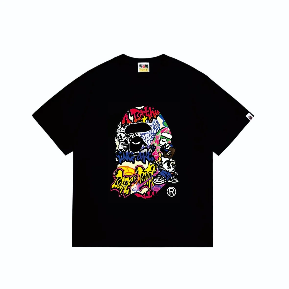 SC232#p110💰 (top version) BAPE ape head cartoon pattern printed round neck short-sleeved T-shirt Made of 260 grams of high-quality high-weave pure cotton fabric, double yarn combed, soft texture and no pilling Imported environmentally friendly printing glue, bright and three-dimensional pattern, quality 💥Same style for men and women, the upper body is fashionable Color: black white Size: S M L XL XXL