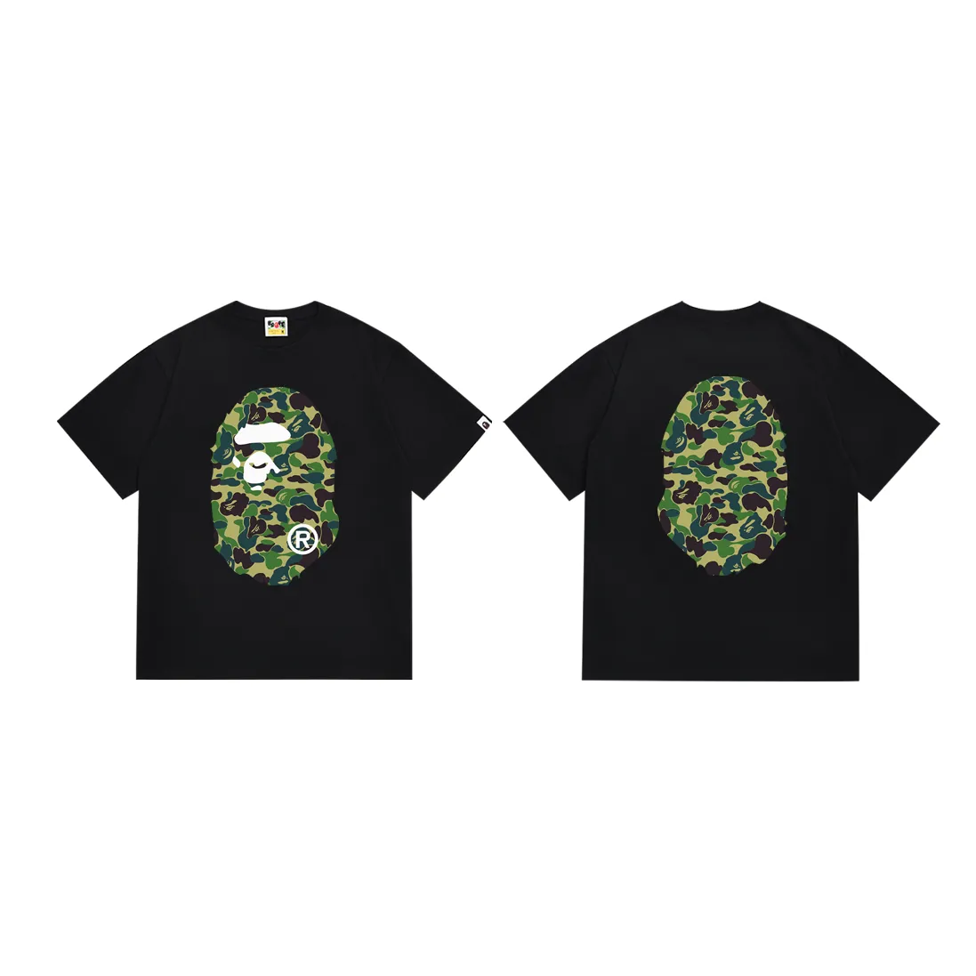 P110 SC036# (top version) BAPE ABC green camouflage ape LOGO double-sided printed short-sleeved T-shirt Made of 260 grams of high-quality high-weave pure cotton fabric, double yarn combed, soft and non-pilling texture, imported environmentally friendly printing glue, bright and three-dimensional pattern, quality 💥Same style for men and women, the upper body is fashionable Color: black green white green Size: S M L XL XXL