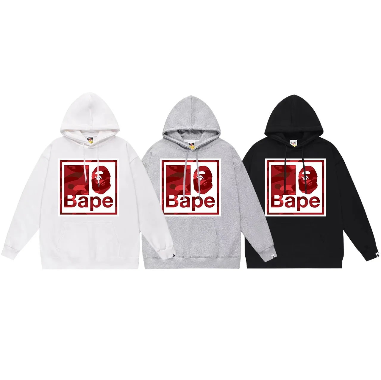 Model No. SC706#terry p160 plus velvet p180💰 (top version) BAPE camouflage ape head letter printed hooded sweatshirt. Made of 380g large terry 430g silver fox velvet (drop shoulder large version) fabric. The texture is soft and non-pilling. Imported environmentally friendly printing glue. The pattern is bright and three-dimensional. Quality💥Same style for men and women. The upper body is trendy. Color: black red white red gray red Size: S M L XL XXL