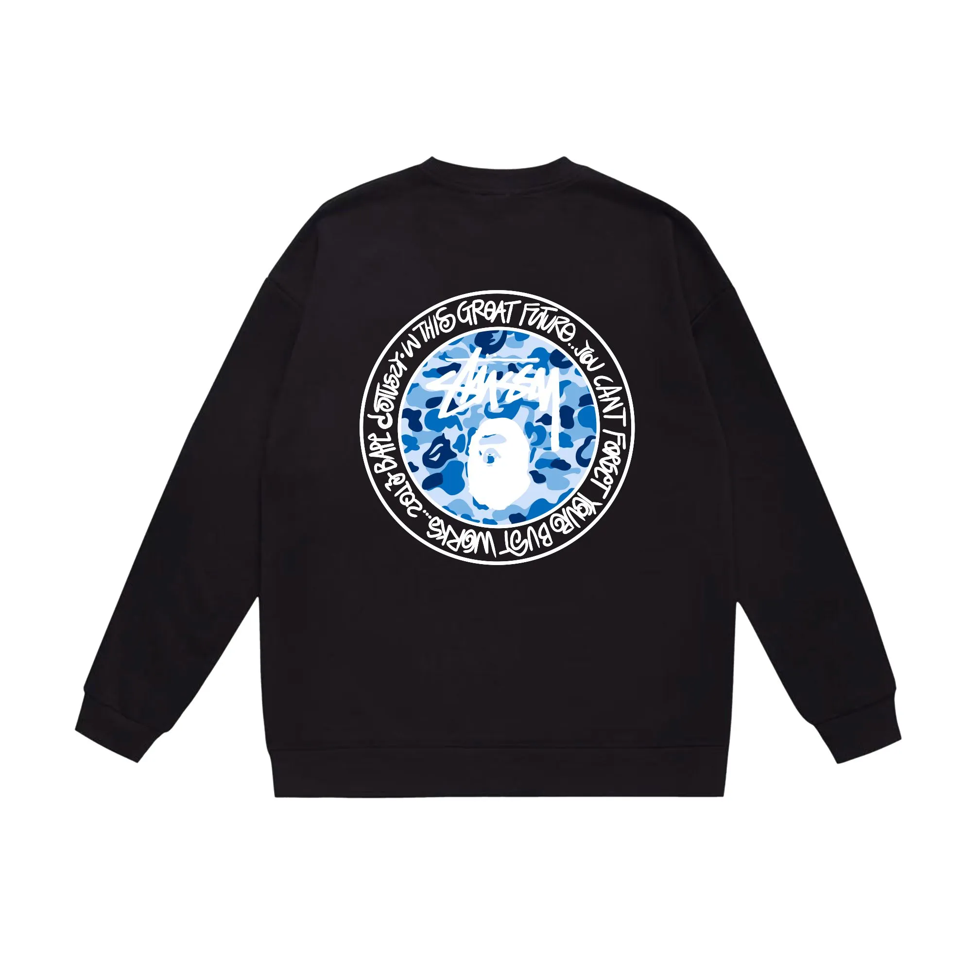 P150 model number SC518# terry 75 plus velvet 80 (top version) BAPE×STUSSY co-branded Stussy letter round neck sweatshirt Made of 350 grams of large terry (drop shoulder large version) fabric, soft texture and no pilling Imported environmentally friendly printing glue The pattern is bright and three-dimensional Quality 💥Same style for men and women The upper body is trendy Color: black white gray Size: S M L XL XXL