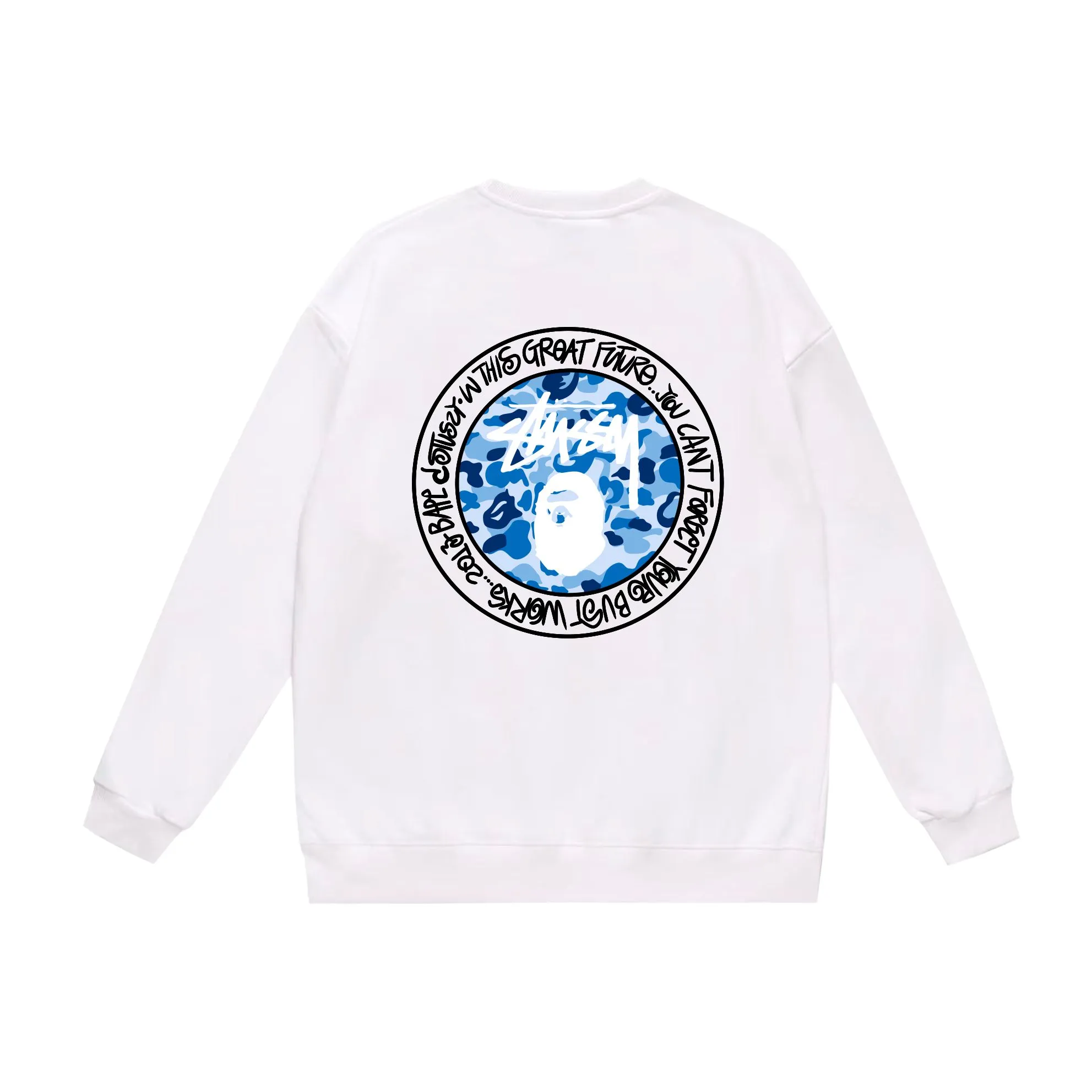 P150 model number SC518# terry 75 plus velvet 80 (top version) BAPE×STUSSY co-branded Stussy letter round neck sweatshirt Made of 350 grams of large terry (drop shoulder large version) fabric, soft texture and no pilling Imported environmentally friendly printing glue The pattern is bright and three-dimensional Quality 💥Same style for men and women The upper body is trendy Color: black white gray Size: S M L XL XXL