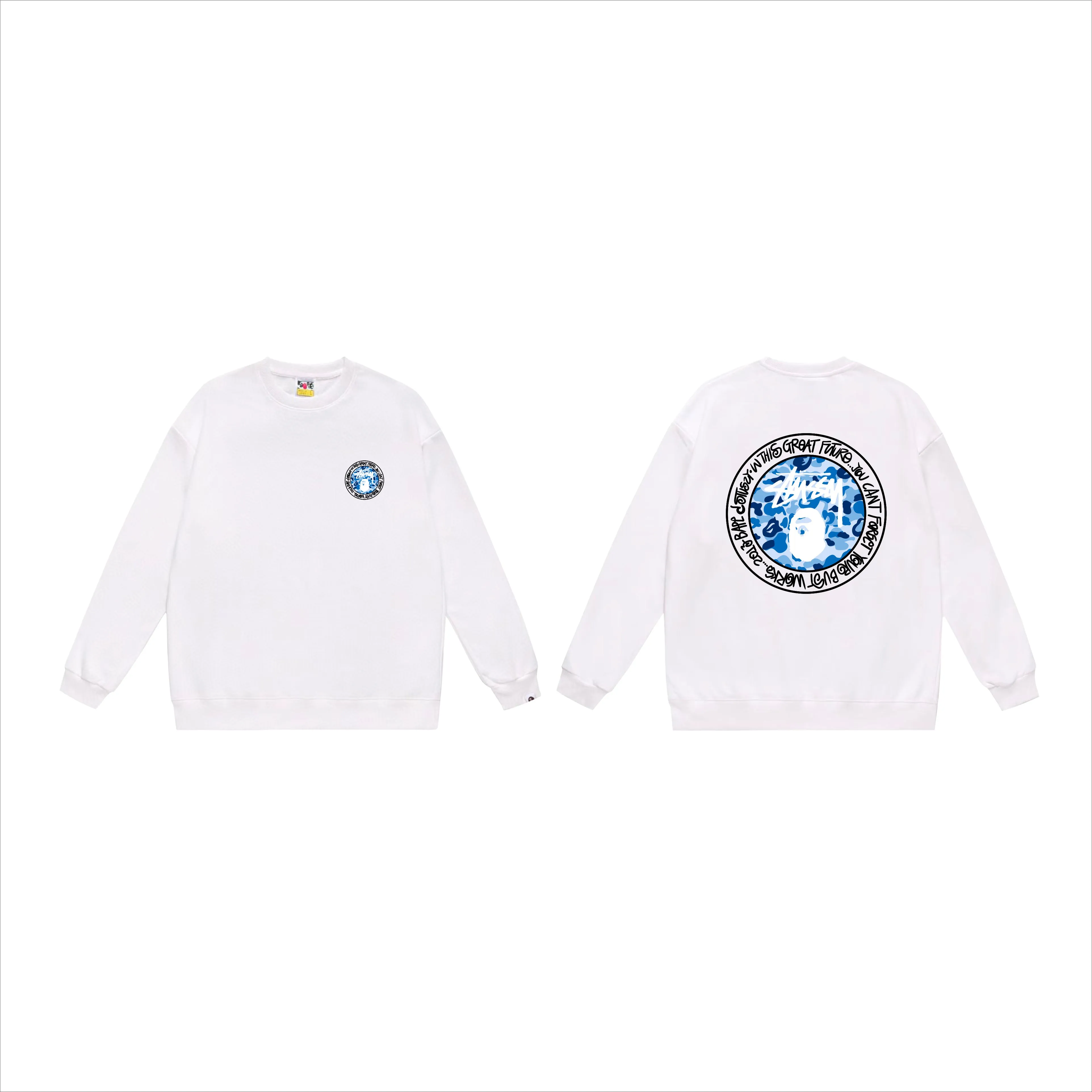 P150 model number SC518# terry 75 plus velvet 80 (top version) BAPE×STUSSY co-branded Stussy letter round neck sweatshirt Made of 350 grams of large terry (drop shoulder large version) fabric, soft texture and no pilling Imported environmentally friendly printing glue The pattern is bright and three-dimensional Quality 💥Same style for men and women The upper body is trendy Color: black white gray Size: S M L XL XXL