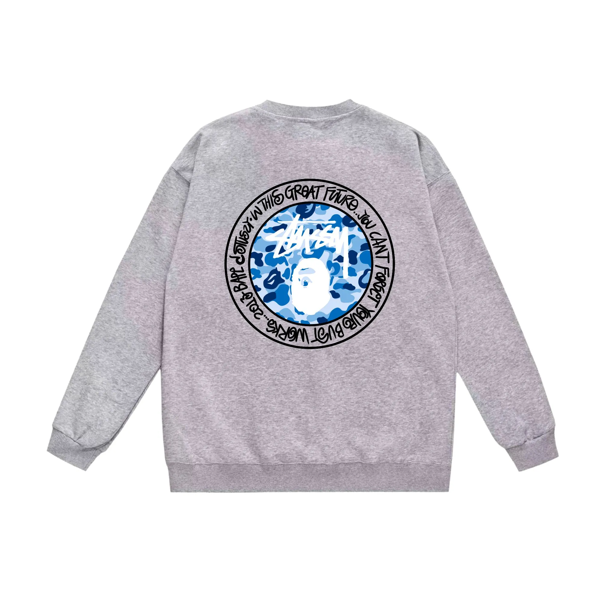 P150 model number SC518# terry 75 plus velvet 80 (top version) BAPE×STUSSY co-branded Stussy letter round neck sweatshirt Made of 350 grams of large terry (drop shoulder large version) fabric, soft texture and no pilling Imported environmentally friendly printing glue The pattern is bright and three-dimensional Quality 💥Same style for men and women The upper body is trendy Color: black white gray Size: S M L XL XXL