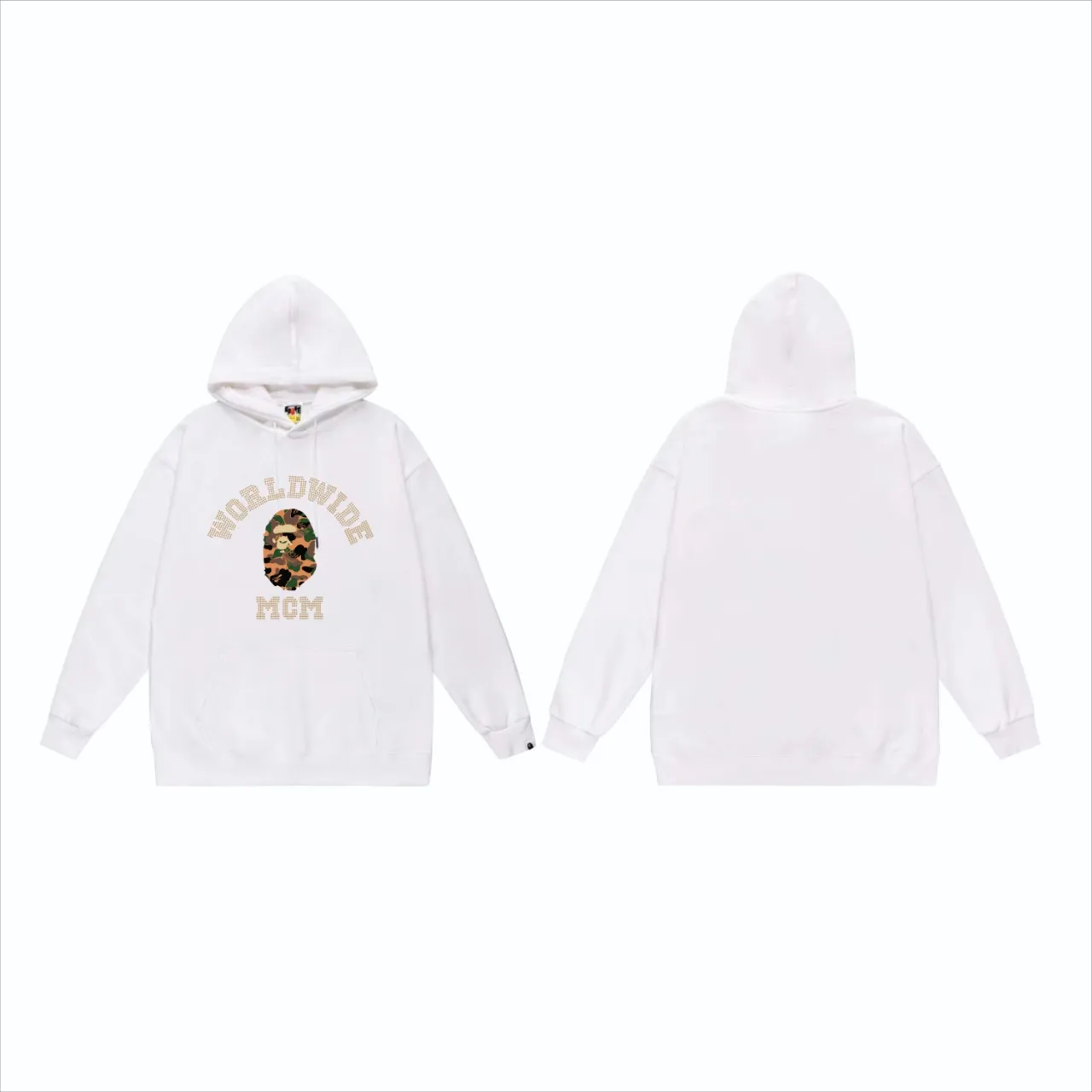 P160 model number SC840# terry 80 plus velvet 90 (top version) BAPE×MCM Rhinestone collegea joint series ape-head letter print pattern hooded sweatshirt. Made of 380g large terry (drop shoulder large version) fabric. The texture is soft and non-pilling. Imported environmentally friendly printing glue. The pattern is bright and three-dimensional. Quality💥Same style for men and women. The upper body is trendy. Color: black white gray Size: S M L XL XXL