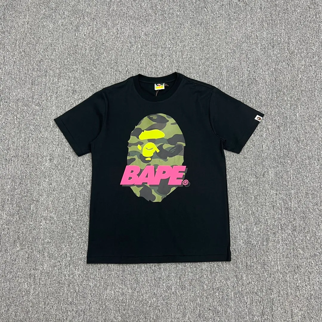 💰140 BAPE camouflage ape head pattern contrasting letter print short-sleeved T-shirt 270g weight linen cotton fabric ZP version Couple style: S-XXL [Black White]