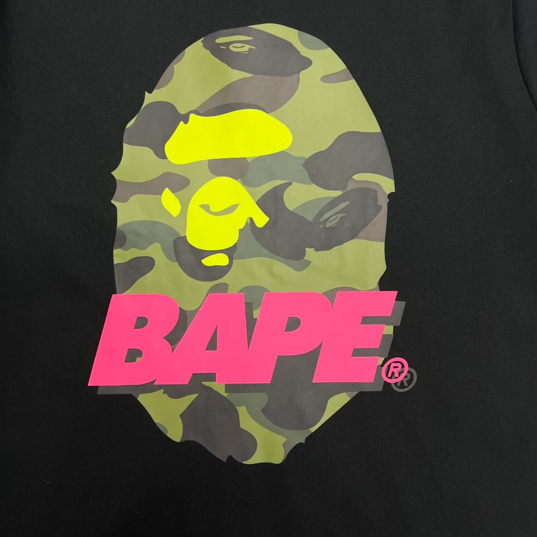 💰140 BAPE camouflage ape head pattern contrasting letter print short-sleeved T-shirt 270g weight linen cotton fabric ZP version Couple style: S-XXL [Black White]