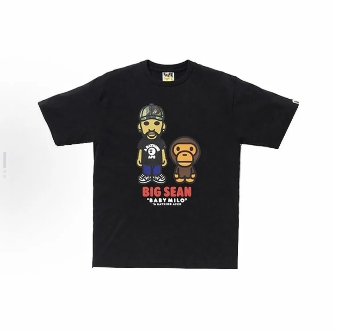 P110 001054 A BATHING APE Bape x BIG SEAN Baby Milo Tee joint cartoon character printed short-sleeved T-shirt, same style for men and women, size smlxlxxl, black and white