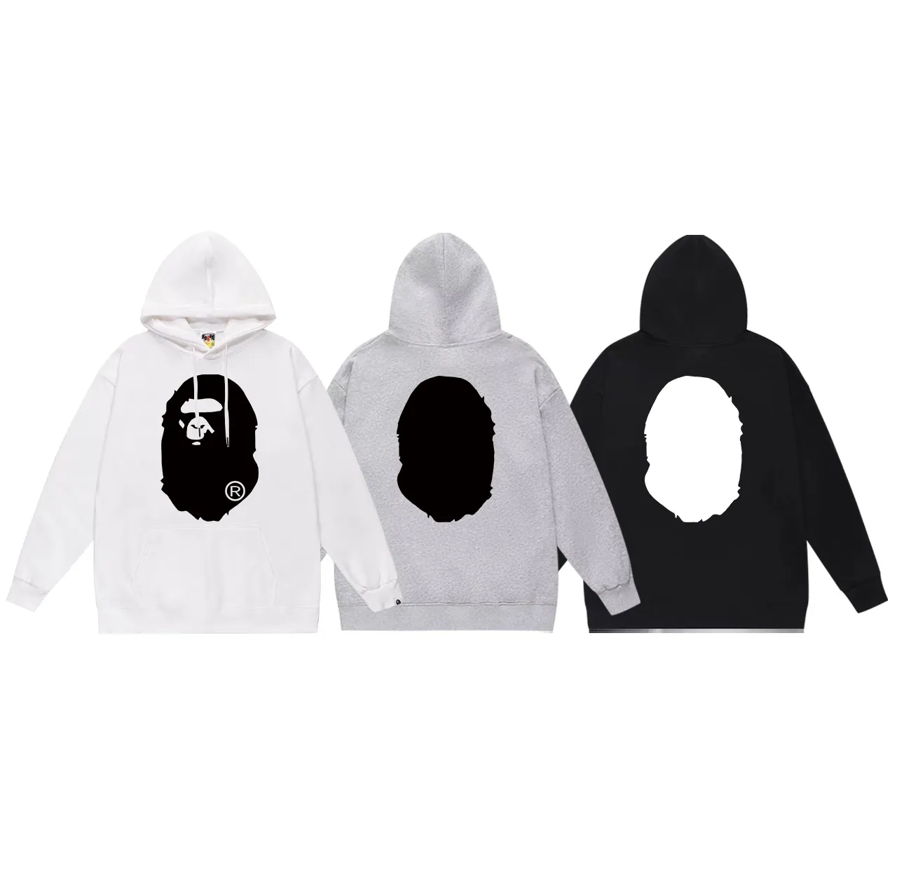 Model number SC668#terry p160 plus velvet p180💰 (top version) BAPE great ape head double-sided pattern printed hooded sweatshirt Made of 380g large terry 430g silver fox velvet (drop shoulder large version) fabric, soft and non-pilling, imported environmentally friendly printing glue, bright and three-dimensional pattern, quality💥same style for men and women, the upper body is trendy Color: black white gray Size: S M L XL XXL