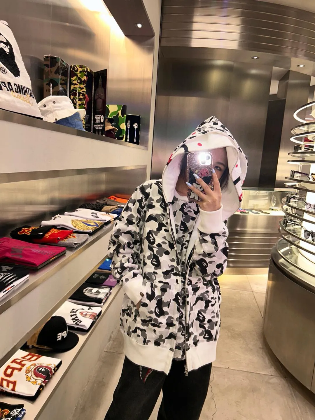 💰440 Bape double hood large flower camouflage shark, customized fabric 1:1, fine workmanship, high quality version, couple model: S-XXL [ink gray]