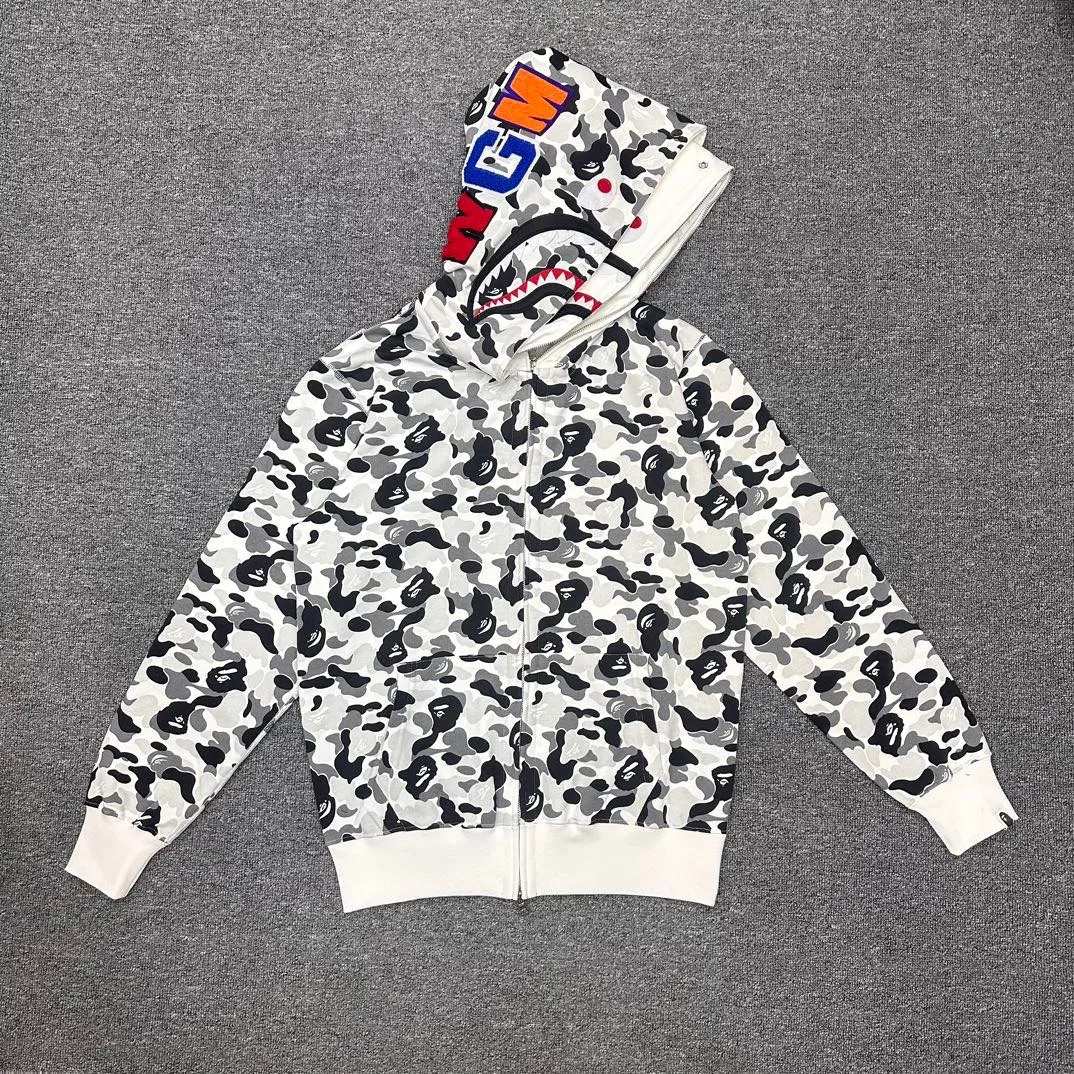 💰440 Bape double hood large flower camouflage shark, customized fabric 1:1, fine workmanship, high quality version, couple model: S-XXL [ink gray]