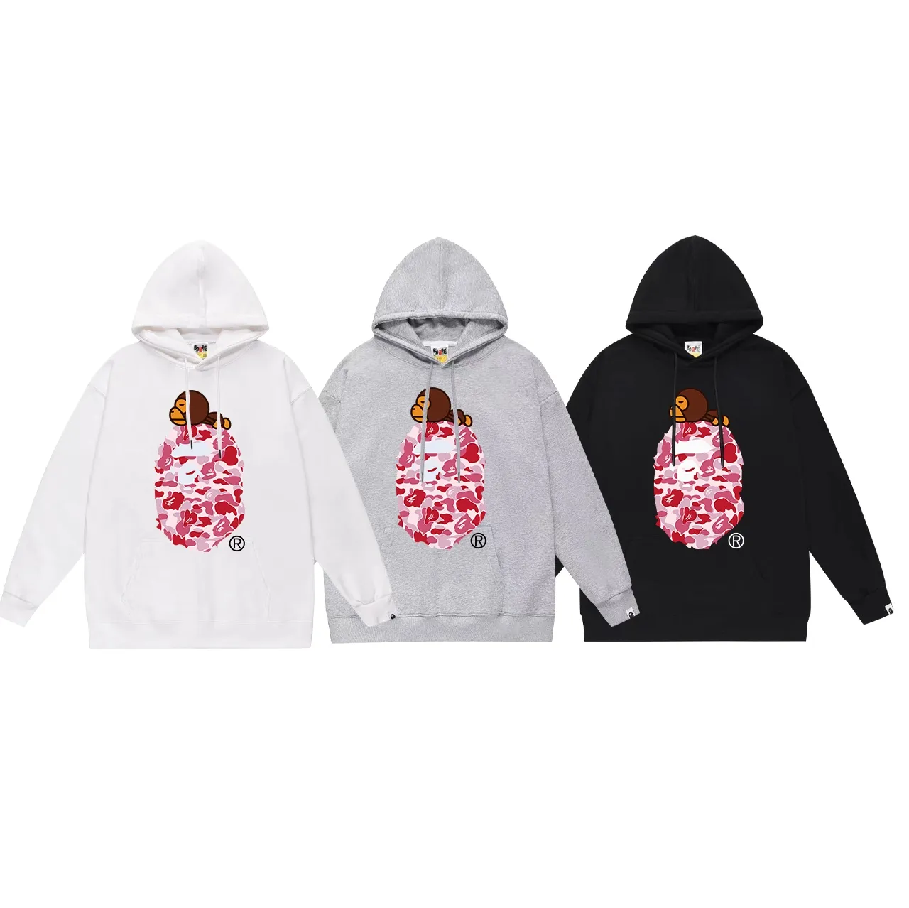 Model No. SC648# terry p160 plus velvet p180💰 (top version) BAPE ape head monkey letter print hooded sweatshirt. Made of 380g large terry 430g silver fox velvet (drop shoulder large version) fabric. The texture is soft and non-pilling. Imported environmentally friendly printing glue. The pattern is bright and three-dimensional. The quality is the same for men and women. The upper body is trendy. Color: black pink, white pink, dusty pink. Size: S M L XL XXL