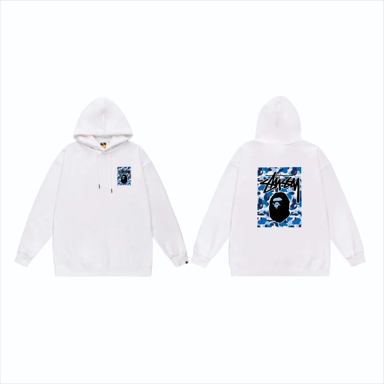 P160 model number SC803# terry 80 plus velvet 90 (top version) BAPE×STUSSY co-branded Stussy letter printed hooded sweatshirt Made of 380g large terry (drop shoulder large version) fabric, soft and non-pilling texture, imported environmentally friendly printing glue, bright and three-dimensional pattern, quality 💥Same style for men and women. The upper body is trendy. Color: black, blue and white, white and blue, gray, blue and white, black, blue and black, white, blue and black, gray, blue and black. Size: S M L XL XXL