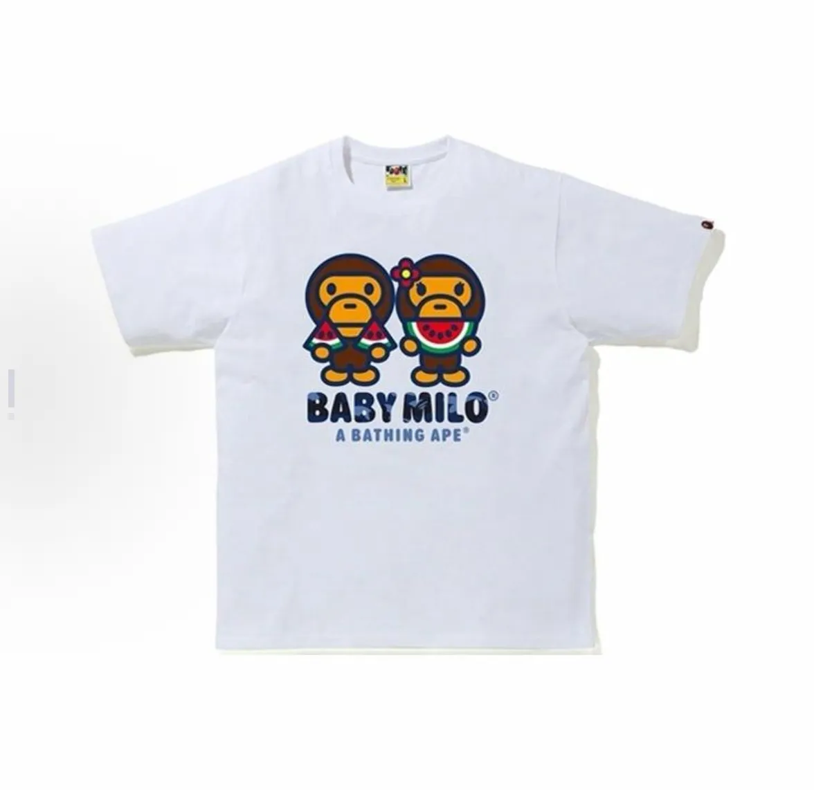 P110 001123 BAPE Color Camo Milo Water Melon Summer Tee Milo watermelon printed short-sleeved T-shirt, same style for men and women, size smlxlxxl, black and white