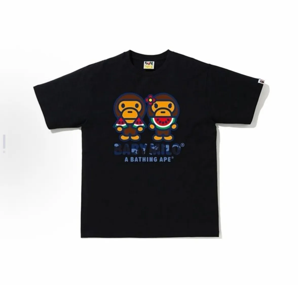 P110 001123 BAPE Color Camo Milo Water Melon Summer Tee Milo watermelon printed short-sleeved T-shirt, same style for men and women, size smlxlxxl, black and white