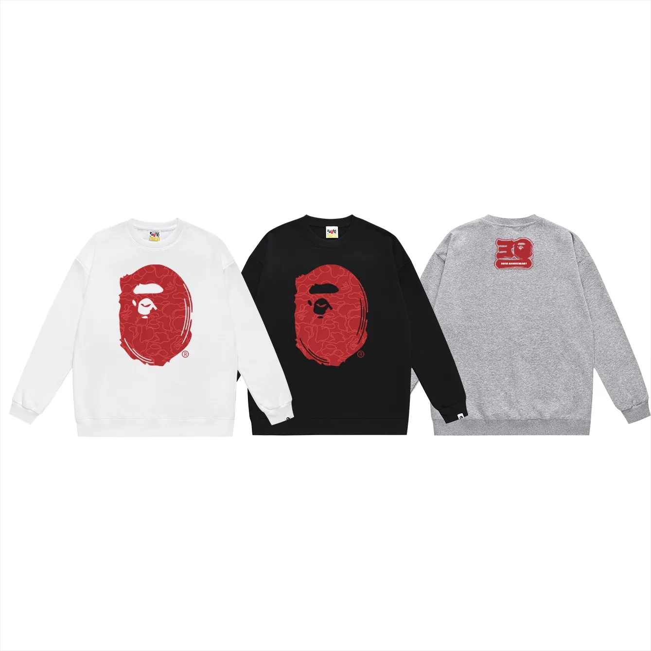 P160 model number SC473# terry 80 plus velvet 90 (top version) BAPE Monkey Head 30th Anniversary Limited Edition Camouflage Round Neck Sweater Made of 380g large terry (drop shoulder large version) fabric, soft and non-pilling texture, imported environmentally friendly printing glue, bright and three-dimensional pattern, quality 💥Same style for men and women. The upper body is trendy. Colors: black green, white green, gray green, black red, white red, gray red, black blue, white blue Gray blue Size: S M L XL XXL