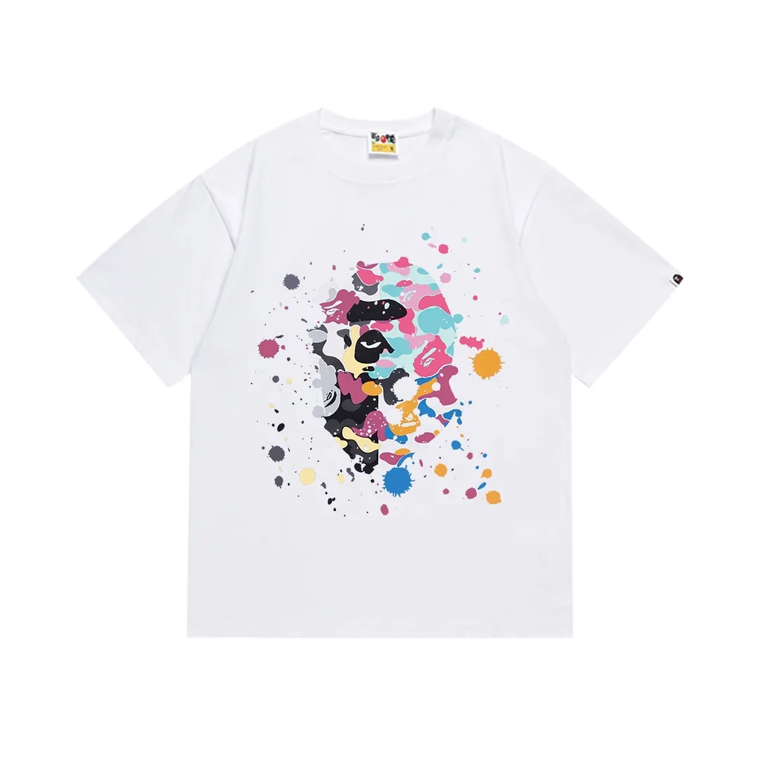 SC143#p110💰 (Top version) BAPE Monkey Head splashed ink US limited-edition short-sleeved T-shirt Made of 260 grams of high-quality high-weave pure cotton fabric, double yarn combed, soft and non-pilling texture, imported environmentally friendly printing glue, bright and three-dimensional pattern, quality 💥Same style for men and women, the upper body is fashionable Color: black white Size: S M L XL XXL