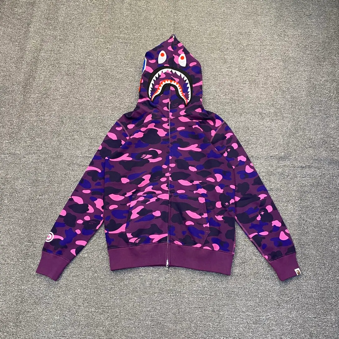 💰380 BAPE 1ST CAMO SHARK FULL Classic counter model Camouflage shark hooded zipper sweatshirt Machine-printed camouflage Top-quality fabric High-end 1:1 replica Customized fabric Couple model: S—XXL [Camouflage yellow, Camouflage green, Camouflage red, Camouflage purple, Camouflage blue, Camouflage gray]