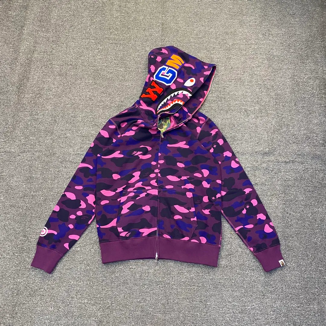 💰380 BAPE 1ST CAMO SHARK FULL Classic counter model Camouflage shark hooded zipper sweatshirt Machine-printed camouflage Top-quality fabric High-end 1:1 replica Customized fabric Couple model: S—XXL [Camouflage yellow, Camouflage green, Camouflage red, Camouflage purple, Camouflage blue, Camouflage gray]